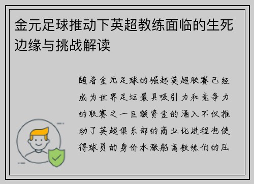 金元足球推动下英超教练面临的生死边缘与挑战解读