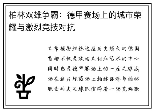 柏林双雄争霸：德甲赛场上的城市荣耀与激烈竞技对抗