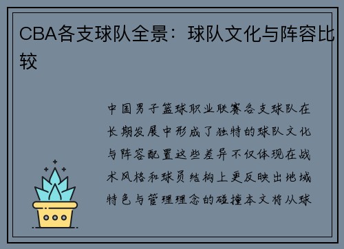 CBA各支球队全景：球队文化与阵容比较
