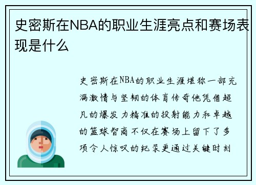 史密斯在NBA的职业生涯亮点和赛场表现是什么